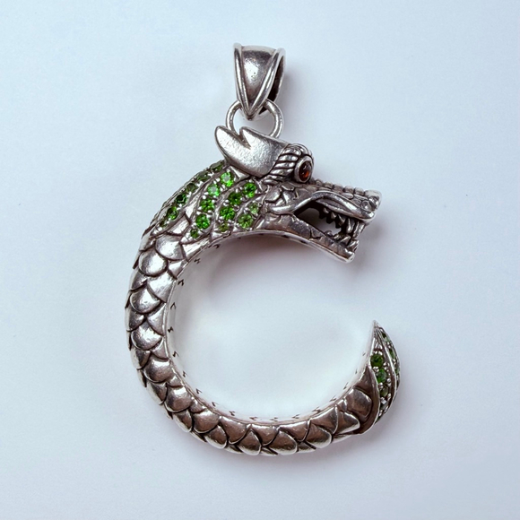Dragon Legends Naga Emeralds & Garnet Eyes Sterling Silver 925 Pendant Necklace - Picture 6 of 10